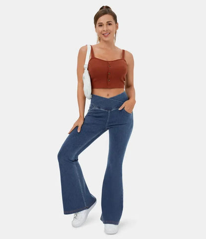 RetroFlex Denim – Stretchy High - Waisted Crossover Flare Pants - VERRANOO