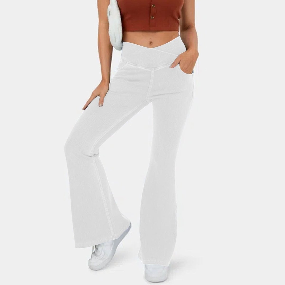 RetroFlex Denim – Stretchy High - Waisted Crossover Flare Pants - VERRANOO