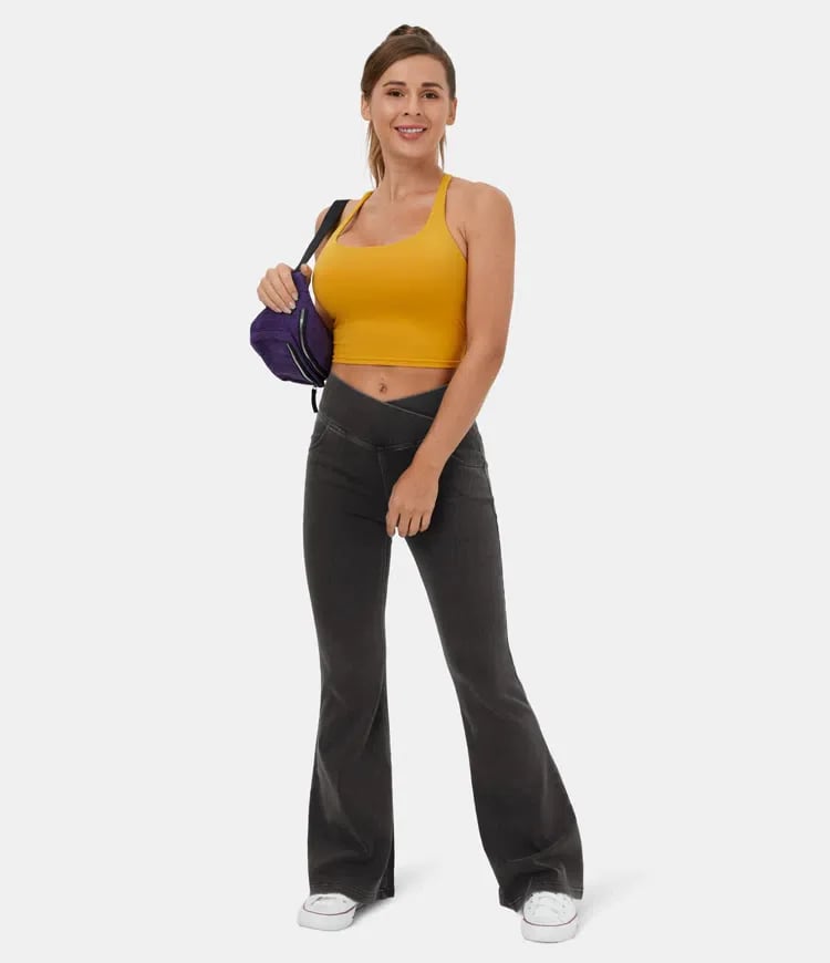 RetroFlex Denim – Stretchy High - Waisted Crossover Flare Pants - VERRANOO