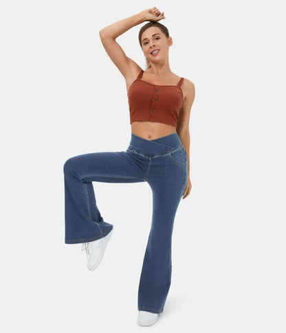 RetroFlex Denim – Stretchy High - Waisted Crossover Flare Pants - VERRANOO