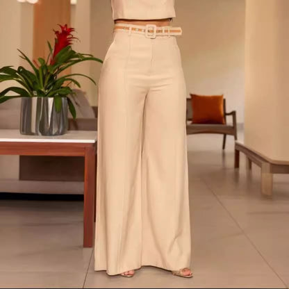 Solid Color Slim Fit Sleeveless Crew Neck Top and High Waist Pocket Wide Leg Pants Set - VERRANOO