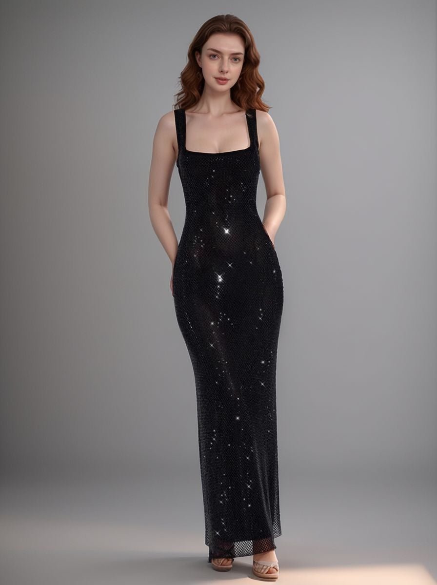 SparkleNova Diva – Sequined Square Neck Slim Fit Dress - VERRANOO