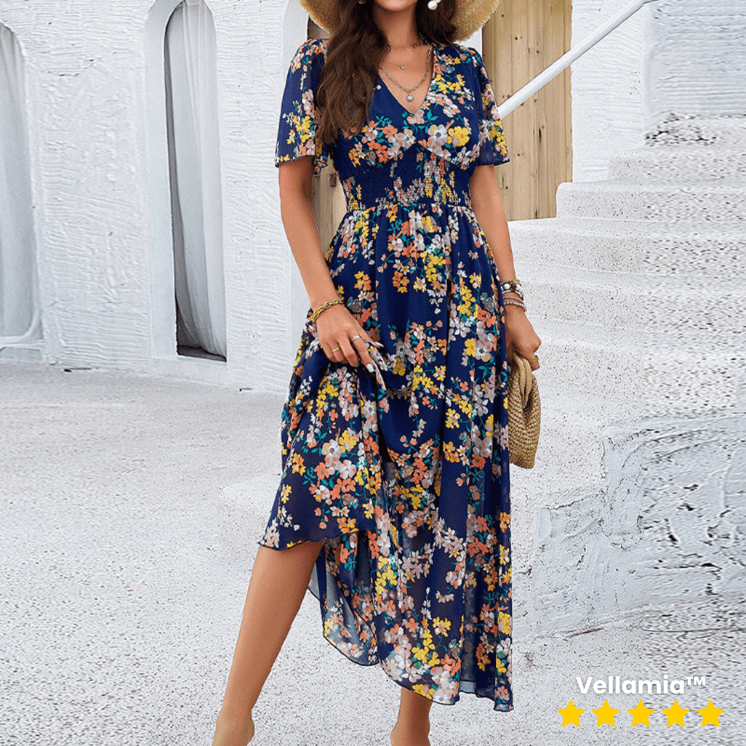 Vellamia™ Women's Elegant Printed V - Neck Flowing Dress - VERRANOO
