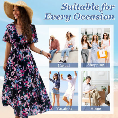 Vellamia™ Women's Elegant Printed V - Neck Flowing Dress - VERRANOO