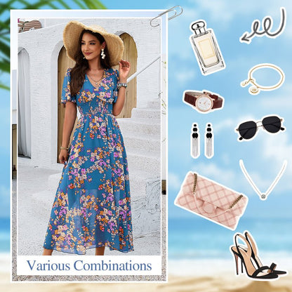 Vellamia™ Women's Elegant Printed V - Neck Flowing Dress - VERRANOO