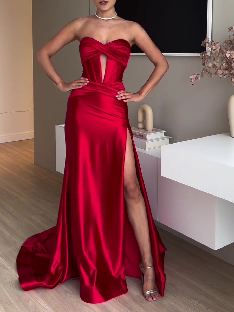 verranoo - strapless slit red evening dress red - VERRANOO