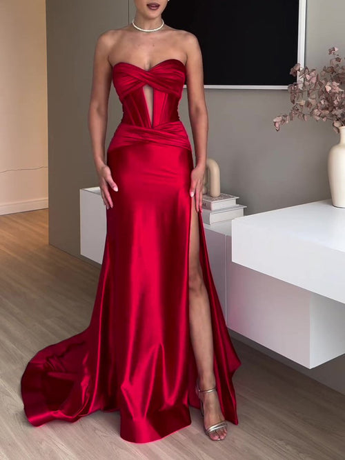 verranoo - strapless slit red evening dress red - VERRANOO