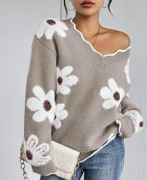 Women's Floral Pattern Scallop Trim Sweater - VERRANOO