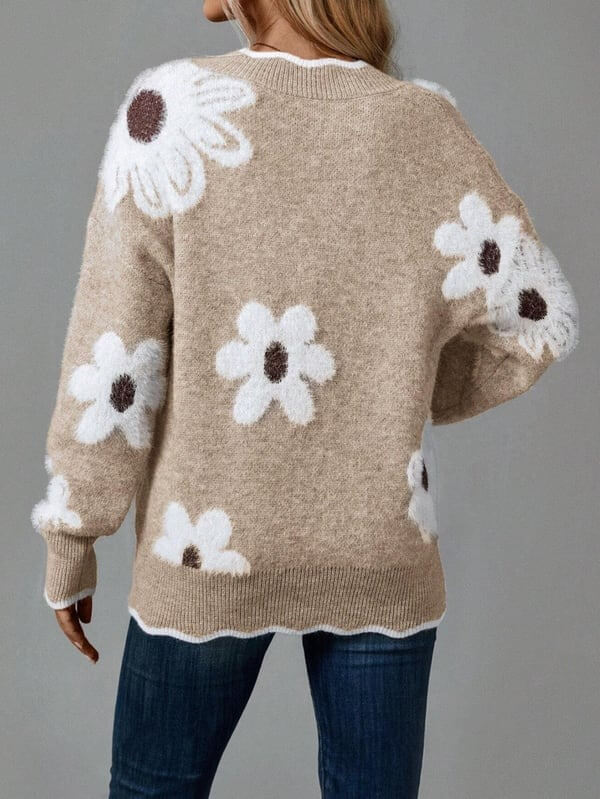 Women's Floral Pattern Scallop Trim Sweater - VERRANOO