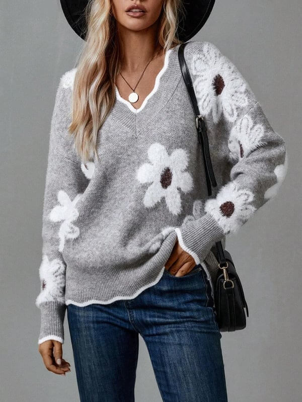 Women's Floral Pattern Scallop Trim Sweater - VERRANOO