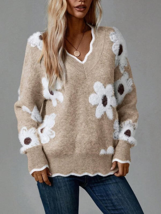 Women's Floral Pattern Scallop Trim Sweater - VERRANOO