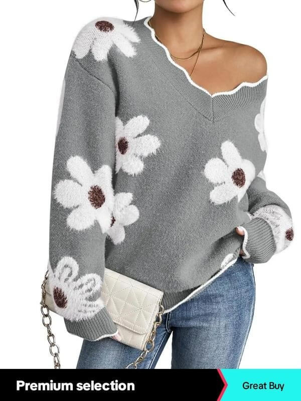 Women's Floral Pattern Scallop Trim Sweater - VERRANOO