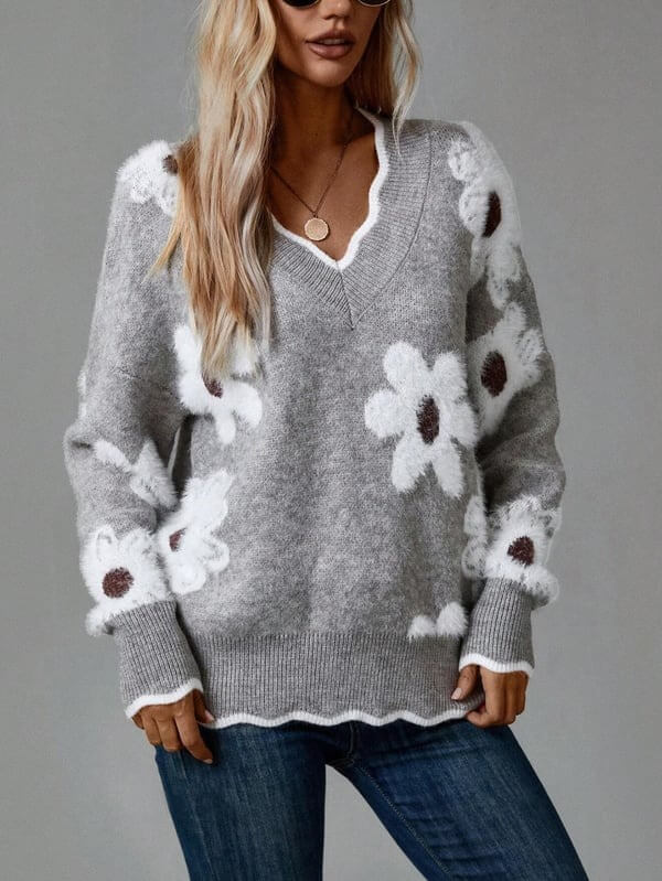 Women's Floral Pattern Scallop Trim Sweater - VERRANOO