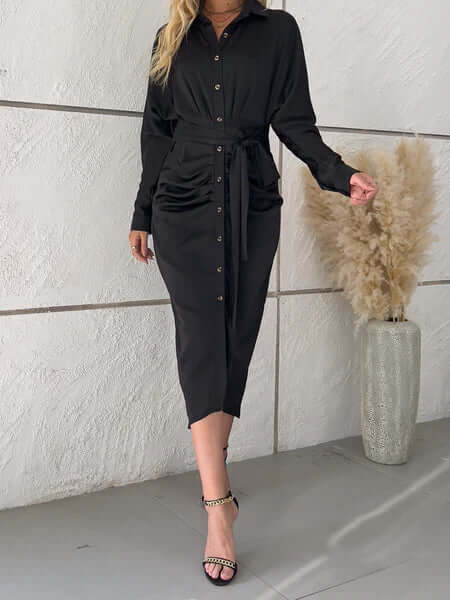 Women's Stylish Pleated Shirt Dress With Waist Band Long Dresses - VERRANOO