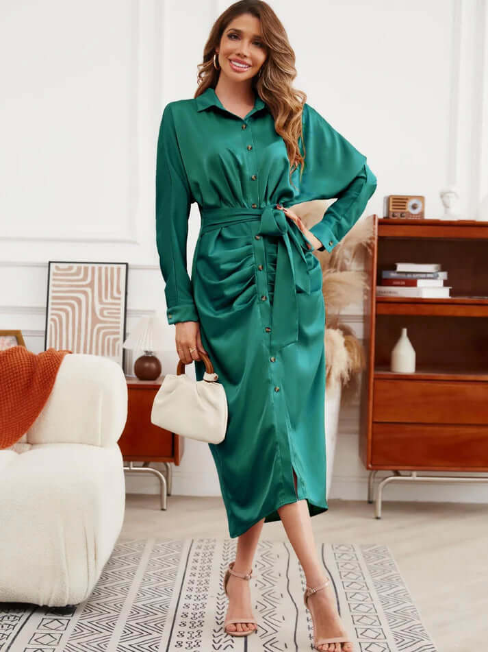 Women's Stylish Pleated Shirt Dress With Waist Band Long Dresses - VERRANOO