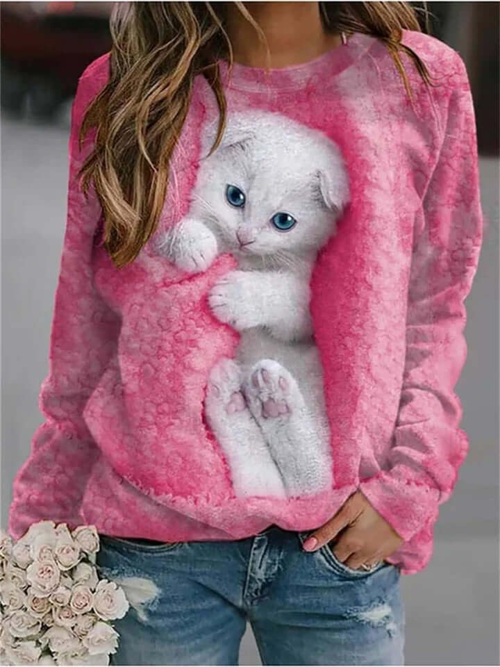 Kitten-Inspired Pullover Long Sleeve Round Neck Sweater - Coolpho