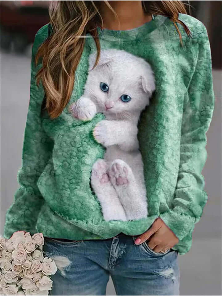 Kitten-Inspired Pullover Long Sleeve Round Neck Sweater - Coolpho