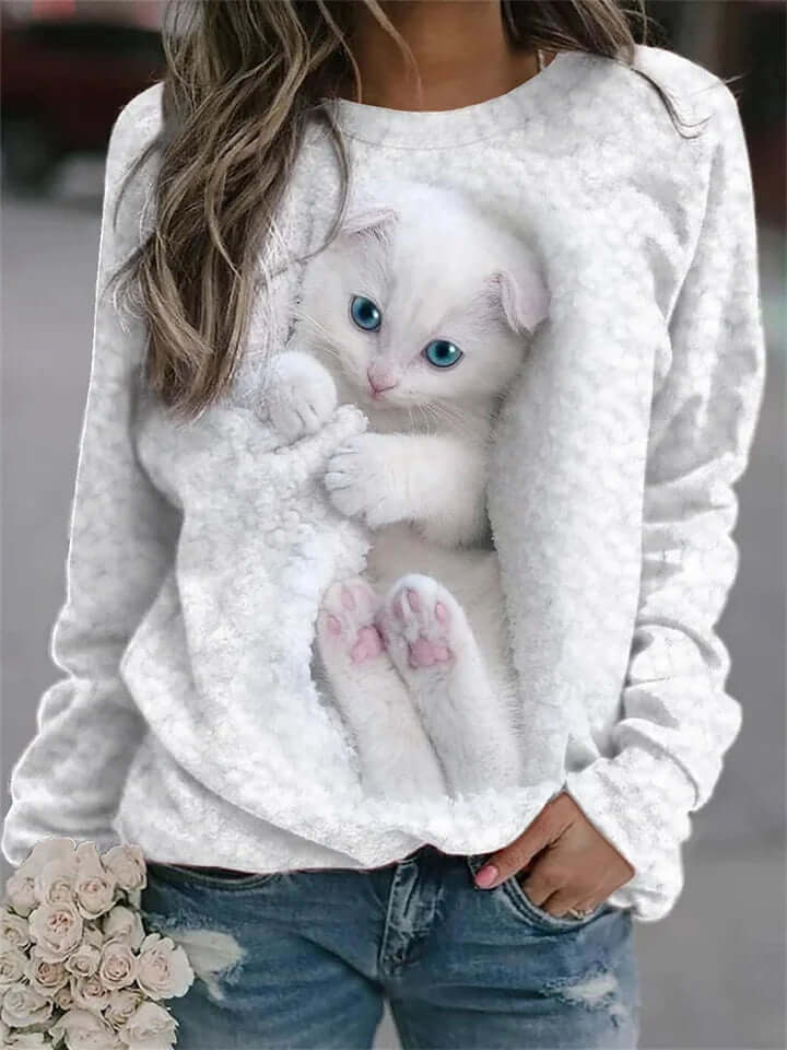 Kitten-Inspired Pullover Long Sleeve Round Neck Sweater - Coolpho