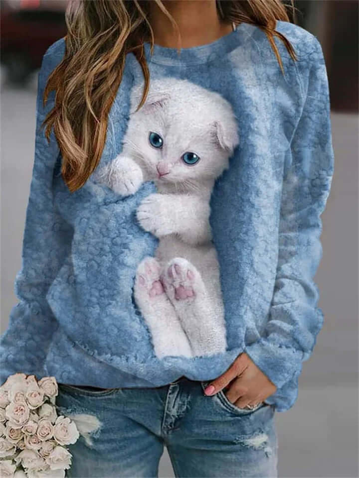 Kitten-Inspired Pullover Long Sleeve Round Neck Sweater - Coolpho